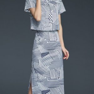 Multicolor Short Sleeve Two Piece Stripes Midi Dress