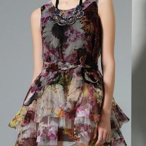 Multicolor Sleeveless Floral Print A-line Silk Mini Dress