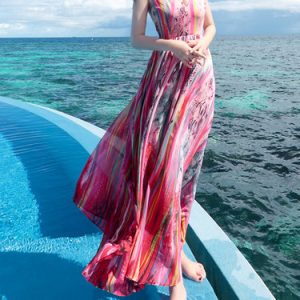 Multicolor Spaghetti Chiffon Stripes Swing Maxi Dress