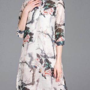 Multicolor Stand Collar A-line Floral-print Half Sleeve Midi Dress