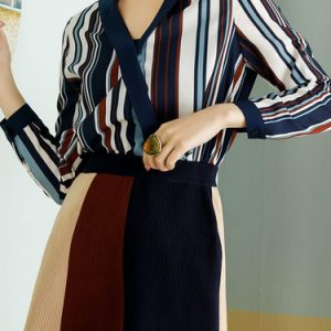 Multicolor Stripes Chiffon Stand Collar Long Sleeve Blouse