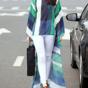 Multicolor Stripes Crew Neck Batwing High Low Blouse