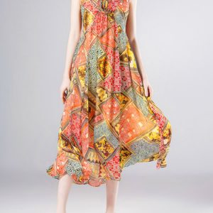 Multicolor Tribal Printed Casual Silk Midi Dress