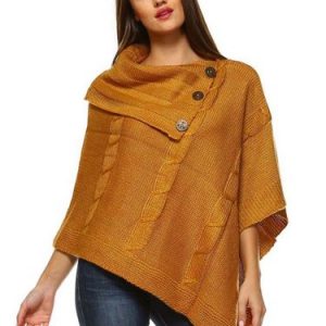 Mustard Solid Casual Asymmetric Buttoned Poncho