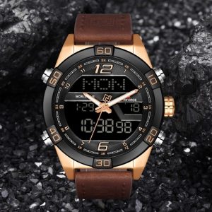 NAVIFORCE NF9128 Luxury Brand Watch Life Waterproof Quartz Wrist Watch Male Genuine Leather Watch LED Display Watch