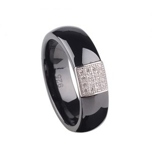 Nano Ceramic & S925 Sterling Silver Dome Polished with CZ Diamond Embedded White Gold Electroplated Ring