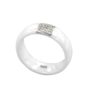 Nano Ceramic & S925 Sterling Silver Dome Polished with CZ Diamond Embedded White Gold Electroplated Ring