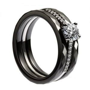 Nano Ceramic & S925 Sterling Silver with CZ Diamond Embedded White Gold Electroplated Polished Ring