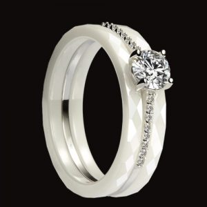 Nano Ceramic & S925 Sterling Silver with CZ Diamond Embedded White Gold Electroplated Polished Ring