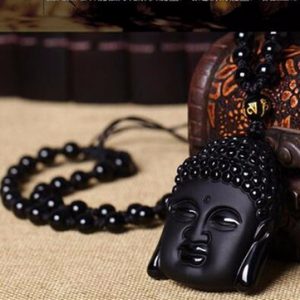 Natural Black Obsidian Tathagata Natal Buddha Pendant Necklace