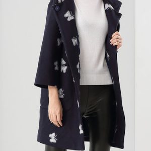 Navy Blue 3/4 Sleeve Butterfly Printed Hoodie Coat