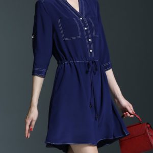 Navy Blue A-line 3/4 Sleeve Silk Mini Dress