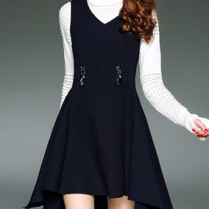 Navy Blue A-line Sleeveless Casual Jacquard Mini Dress