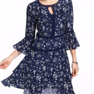 Navy Blue Abstract Silk Keyhole Vintage Printed Midi Dress