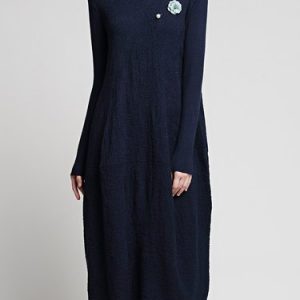 Navy Blue Appliqued Cocoon Wool Blend Midi Dress