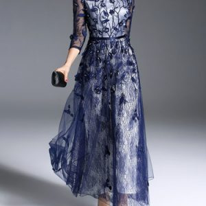 Navy Blue Beaded Embroidered Lace A-line Elegant Maxi Dress