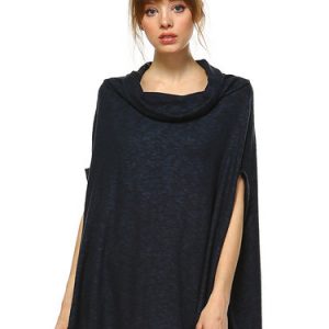 Navy Blue Casual Cowl Neck Knitted Poncho And Cape