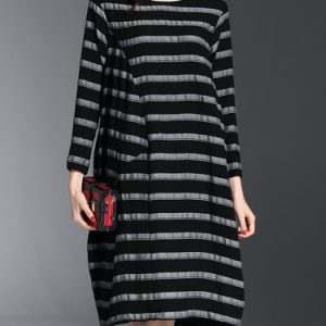 Navy Blue Casual Crew Neck Stripes Cocoon Midi Dress