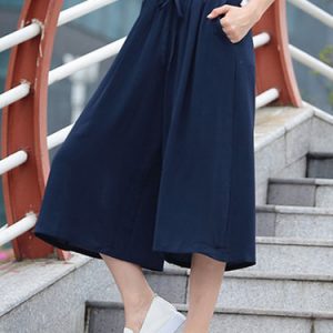 Navy Blue Casual Polyester Wide Leg Pants