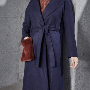 Navy Blue Casual Solid H-line Wool Fur And Shearling Coat with Belt