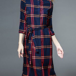 Navy Blue Checkered/Plaid Casual H-line Crew Neck Midi Dress