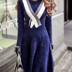 Navy Blue Color-block Long Sleeve A-line Crew Neck Knitted Midi Dress