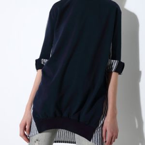 Navy Blue Cotton-blend Long Sleeve Stripes Tunic