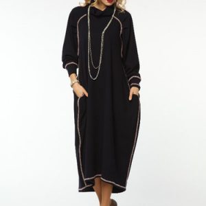 Navy Blue Cowl Neck Binding Long Sleeve Midi Dress