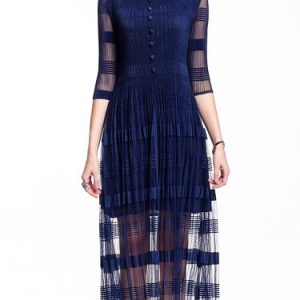 Navy Blue Crew Neck 3/4 Sleeve A-line Mesh Midi Dress