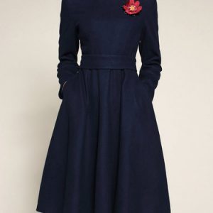 Navy Blue Crew Neck A-line Elegant Midi Dress With Pockets