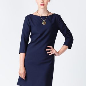 Navy Blue Crew Neck Elegant Plain Wool Blend Midi Dress