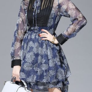 Navy Blue Crew Neck Girly Paneled Floral Mini Dress