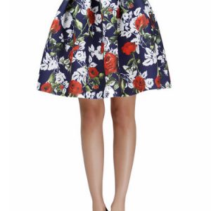 Navy Blue Elegant Floral-print Skater Midi Skirt