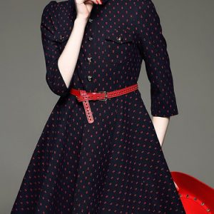 Navy Blue Elegant Polka Dots A-line Midi Dress