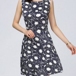 Navy Blue Elegant Printed A-line Midi Dress