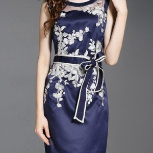 Navy Blue Floral Elegant Sheath Mini Dress