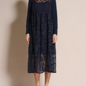 Navy Blue Floral Guipure Lace Girly Midi Dress With Camis