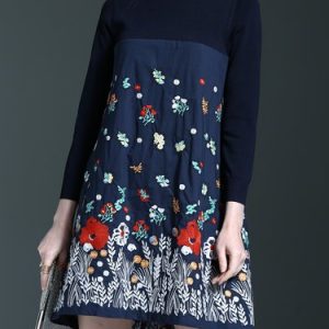 Navy Blue Floral-embroidered Long Sleeve Midi Dress