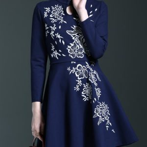 Navy Blue Floral-embroidered Vintage Ruffled Midi Dress