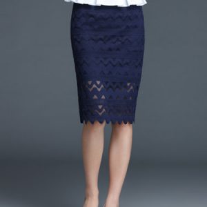 Navy Blue Geometric Lace Work Pierced Midi Skirt