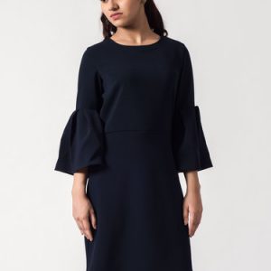 Navy Blue H-line Crew Neck Frill Sleeve Solid Midi Dress