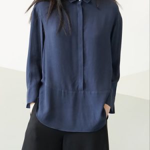 Navy Blue H-line Plain Long Sleeve Rayon Blouse