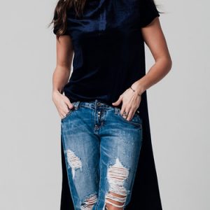 Navy Blue High Low Statement Velvet Short Sleeved Top