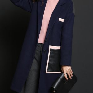 Navy Blue Lapel H-line Long Sleeve Coat