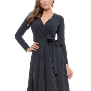 Navy Blue Long Sleeve Bow Wrap Dress