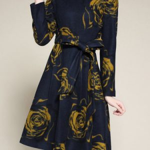 Navy Blue Long Sleeve Crew Neck Printed Midi Dress