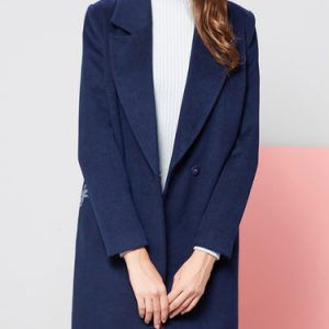 Navy Blue Long Sleeve Embroidered Coat