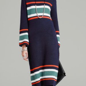 Navy Blue Long Sleeve Stripes Knitted Color-block Sweater Dress