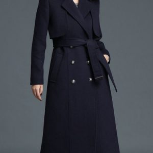 Navy Blue Long Sleeve Wool Blend Buttoned Solid Coat with Belt