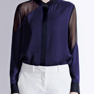 Navy Blue Paneled Long Sleeve Blouse